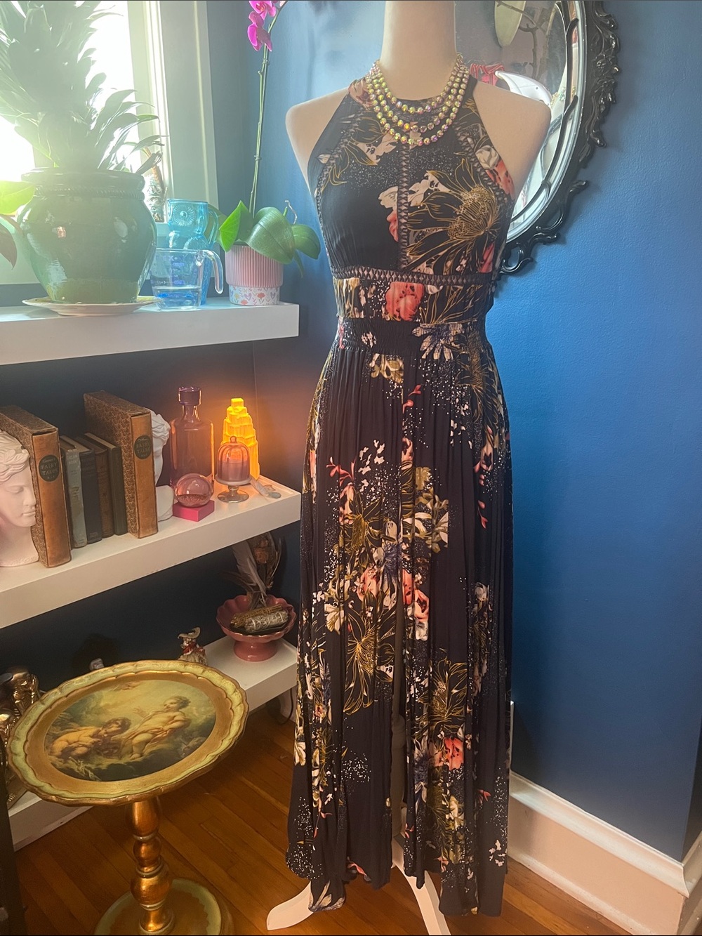 Simplee Apparel Navy Floral Halter Top with Multicolor Print Maxi Dress